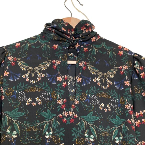 VERONICA M Black Floral Blouse Size Small Turtleneck Tie Sleeves - Picture 5 of 12